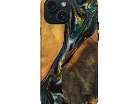 iPhone 15 Wood Live Edge Phone Case - Karly (Teal & Gold, 747502) Online