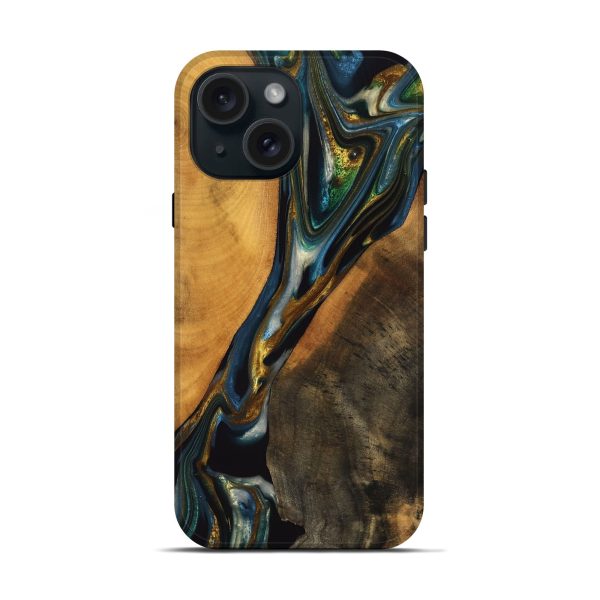 iPhone 15 Wood Live Edge Phone Case - Karly (Teal & Gold, 747502) Online