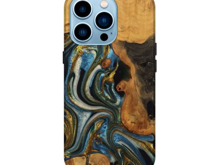 iPhone 14 Pro Wood Live Edge Phone Case - Lynda (Teal & Gold, 747503) on Sale