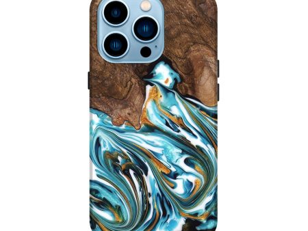 iPhone 14 Pro Wood Live Edge Phone Case - Kaia (Teal & Gold, 747487) Online