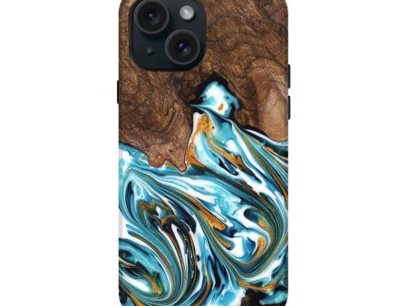 iPhone 15 Wood Live Edge Phone Case - Kaia (Teal & Gold, 747487) Online