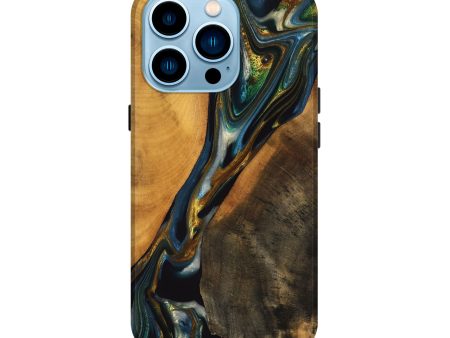 iPhone 14 Pro Wood Live Edge Phone Case - Karly (Teal & Gold, 747502) Online now