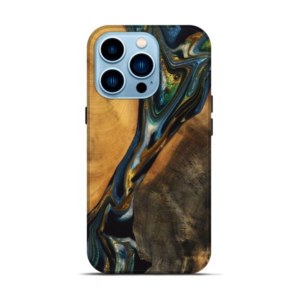 iPhone 14 Pro Wood Live Edge Phone Case - Karly (Teal & Gold, 747502) Online now