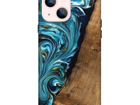 iPhone 14 Plus Wood Live Edge Phone Case - Marcie (Teal & Gold, 747488) on Sale