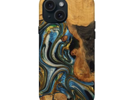 iPhone 15 Wood Live Edge Phone Case - Lynda (Teal & Gold, 747503) Online Sale