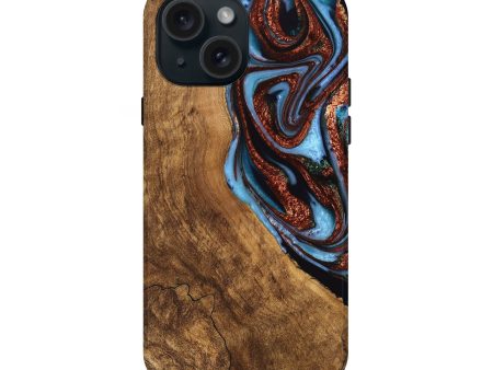 iPhone 15 Wood Live Edge Phone Case - Kenya (Teal & Gold, 747495) Supply