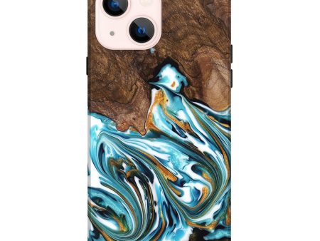 iPhone 14 Plus Wood Live Edge Phone Case - Kaia (Teal & Gold, 747487) For Sale