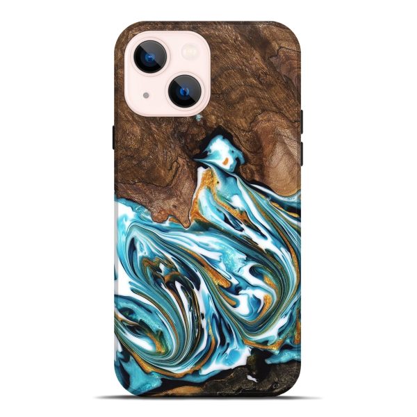 iPhone 14 Plus Wood Live Edge Phone Case - Kaia (Teal & Gold, 747487) For Sale